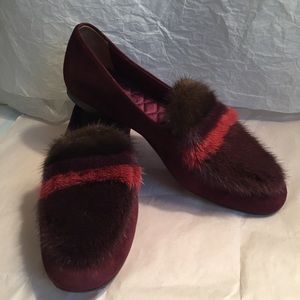 AQUAZZURA BURGUNDY SUEDE/MINK LOAFERS SZ-37.5/7